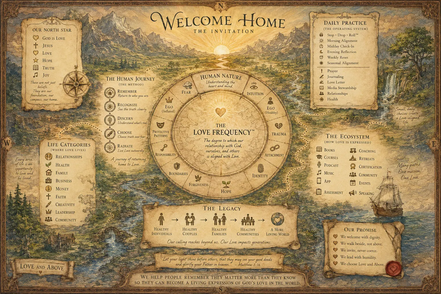 Welcome Home: The Invitation — a complete map of The Living Atlas with the Love Frequency at its center