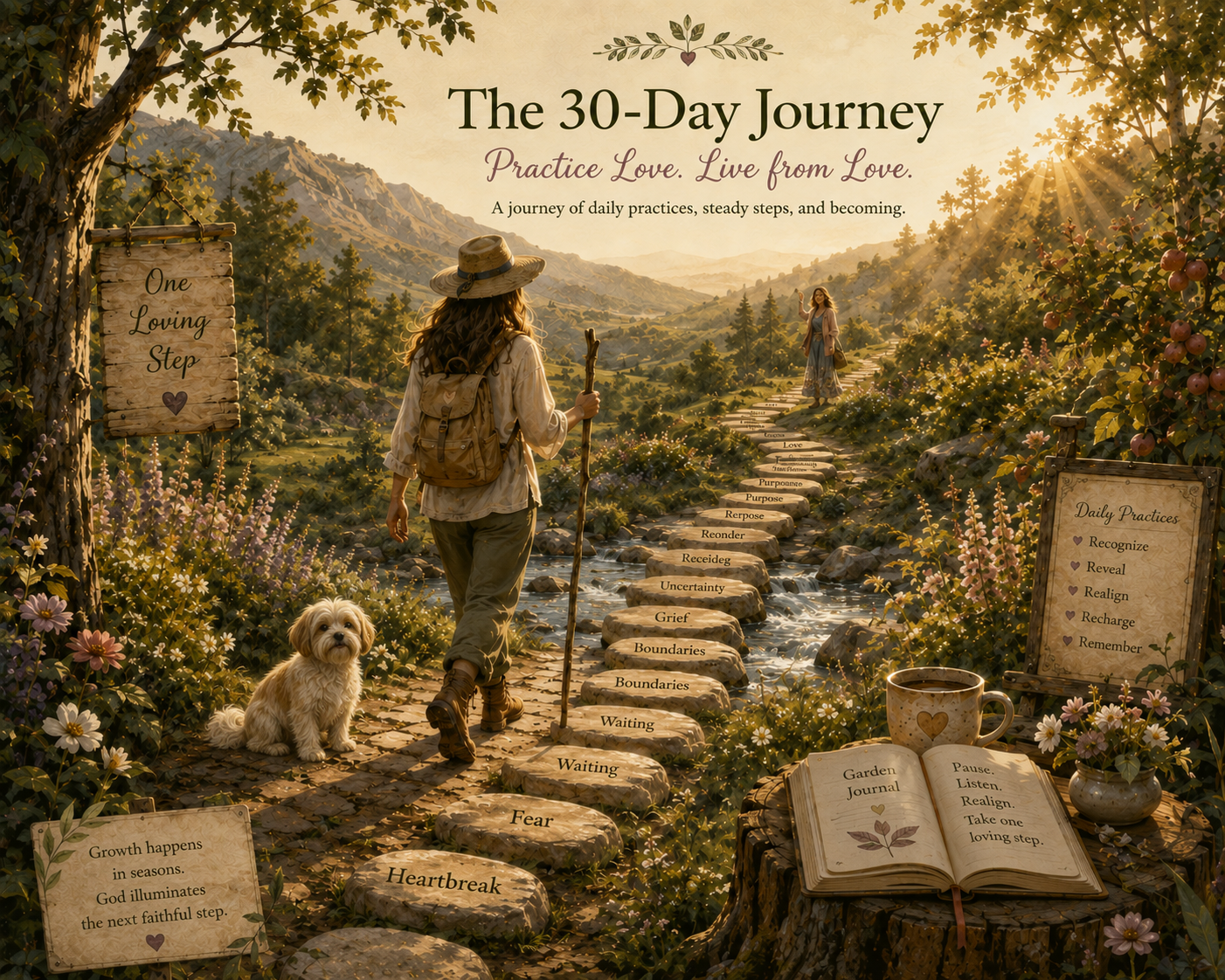 Illustrated map of the 30-day journey — stepping stones named for the emotions leading toward sunrise